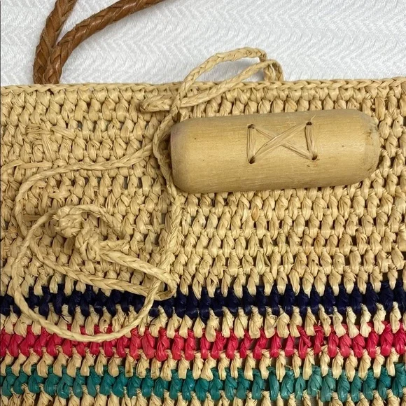 MAR Y SOL Tote Hampton Striped Raffia Toggle Closure Lined Leather Handles - Picture 5 of 11